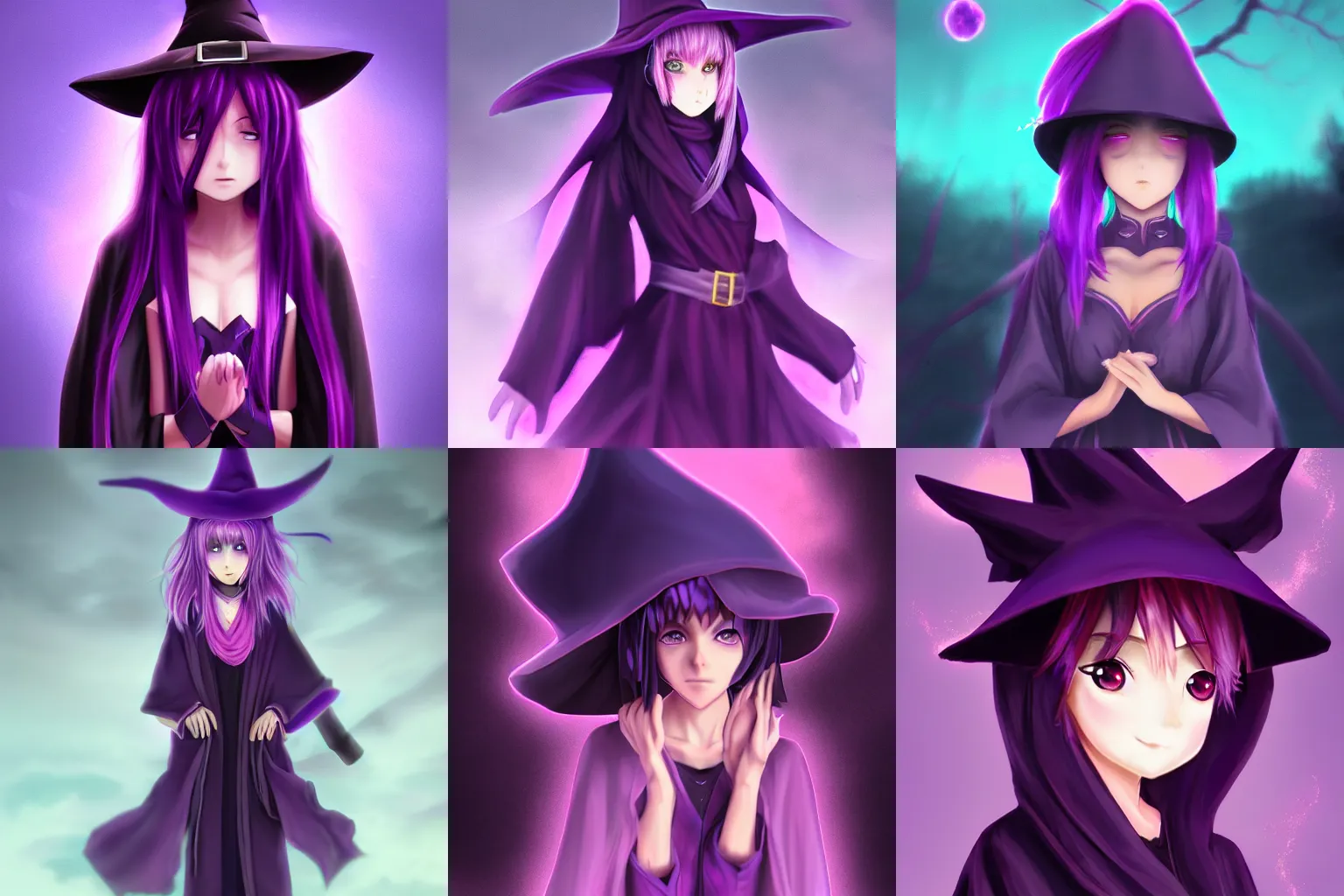 Prompt: young anime purple haired witch dressed in a dark robe, wearing large dark witch hat, night pink underlit, game art digital matte painting, featured trending on artstation