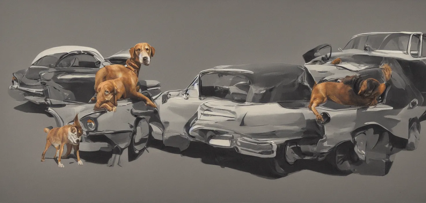Image similar to highly detailed photorealistic painting of a car giving a dog a hug, mid century art, values as flat shapes, minimal shading