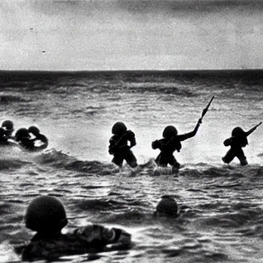 Image similar to the running soldiers in the sea in the d - day, by robert capa,