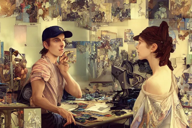 Image similar to a computer graphics artist man with a ballcap in a messy room at the computer animating, ultra realistic, concept art, intricate details, serious, highly detailed, photorealistic, octane render, 8 k, unreal engine. art by artgerm and greg rutk owski and alphonse mucha