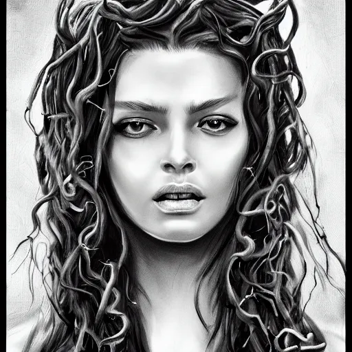 Image similar to medusa portrait painting, black and white, artstation, detailed, blurred background