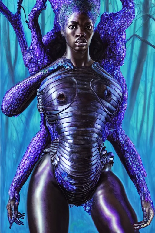 Prompt: hyperrealistic post - raphaelite super expressive! black woman with exoskeleton armor, merging with tree in a forest, highly detailed digital art masterpiece smooth cam de leon eric zener dramatic pearlescent blue purple light ground angle hd 8 k sharp focus