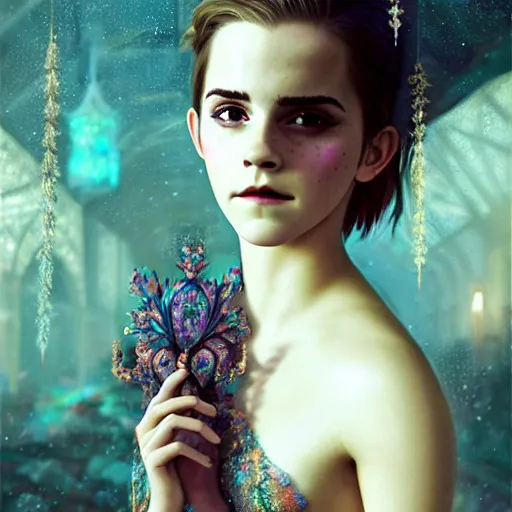 Image similar to emma watson as a beautiful young girl in intricate clothing by ross tran, walking in a castle painted by sana takeda, rtx reflections, very high intricate details, painting, digital anime art, medium shot, mid - shot, composition by ilya kuvshinov, lighting by greg rutkowski