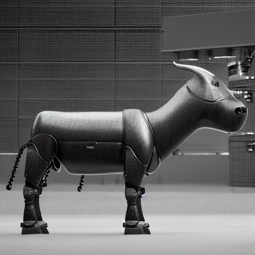 Image similar to cyberpunk style robotic cow, high detail, digital art, concept art, octane render, unreal render 4 k