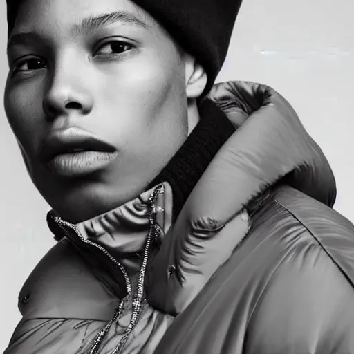 Image similar to realistic photoshooting for a new balenciaga lookbook color film photography close up portrait of a beautiful woman model, model wears a puffer jacket, photo in style of tyler mitchell, ssense