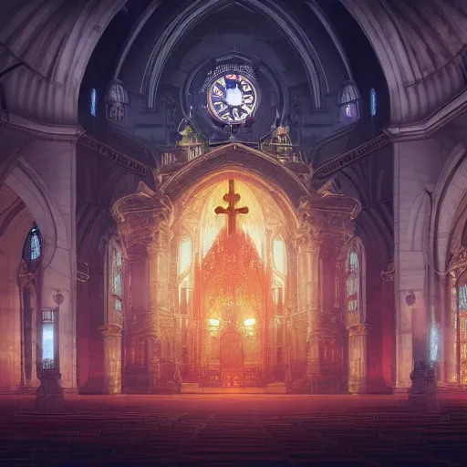 Image similar to ilustration, a cathedral under the red moon with a huge clock in the middle of the church, characterized by roman shipunov, etienne hebinger, atey ghailan, cgsociety, cynical realism, fantasy art, 2 d game art