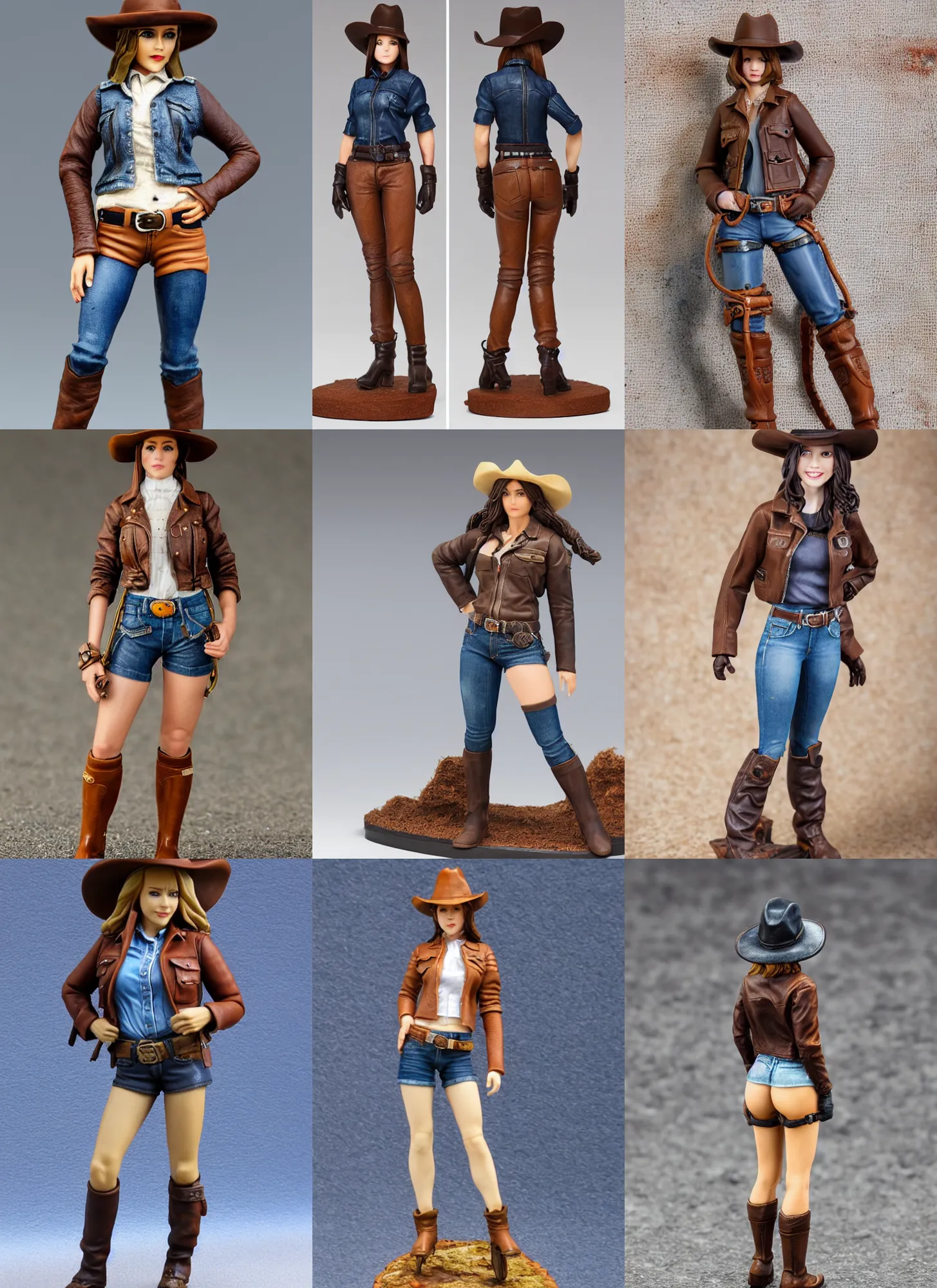 Prompt: 80mm resin detailed miniature of a cow girl, Short brown leather jacket, denim hot-pants, thigh skin, ten-gallon hat, on textured base; Product Introduction Photos, 4K, Full body