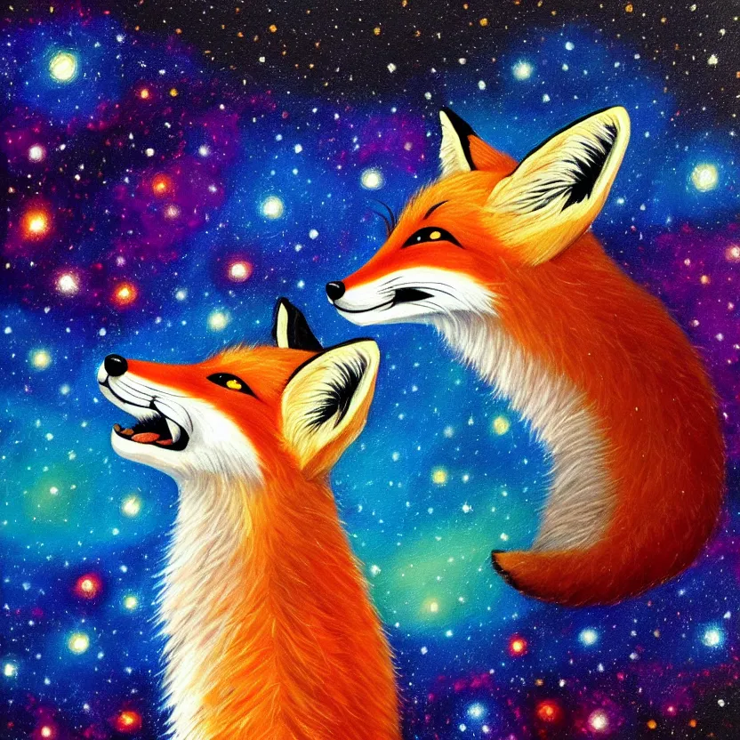 Prompt: a painting of a fox looking up at the colourful galaxy in the style of Starry Night, highly detailed, trending on artstation