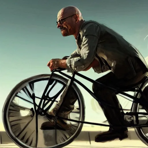 Prompt: walter white riding on a bike in gta 5 by greg rutkowski