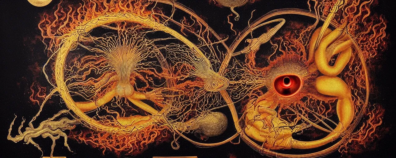 Image similar to a strange fire creature with endearing eyes radiates a unique canto'as above so below'while being ignited by the spirit of haeckel and robert fludd, breakthrough is iminent, glory be to the magic within, in honor of saturn, painted by ronny khalil