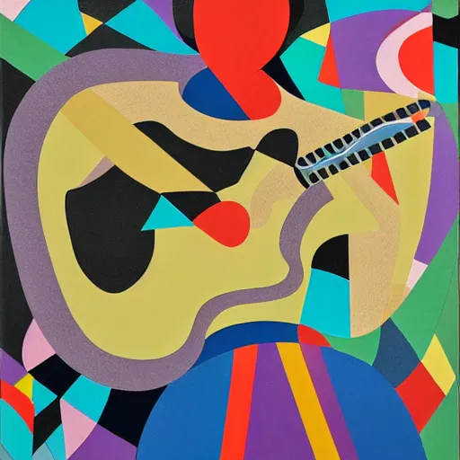 Image similar to portrait of a person playing guitar, abstract painting in the style of Sophie Taeuber-Arp and Gary Hume and Tatsuro Kiuchi, flat colour-block style, geometric abstraction, dark colours