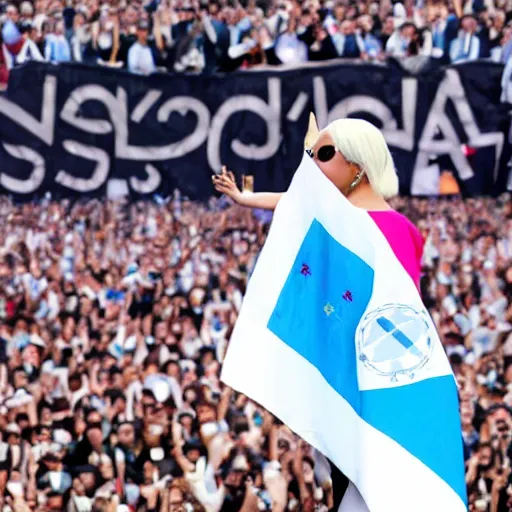 Image similar to Lady Gaga as president, Argentina presidential rally, Argentine flags behind, bokeh, giving a speech, detailed face, Argentina