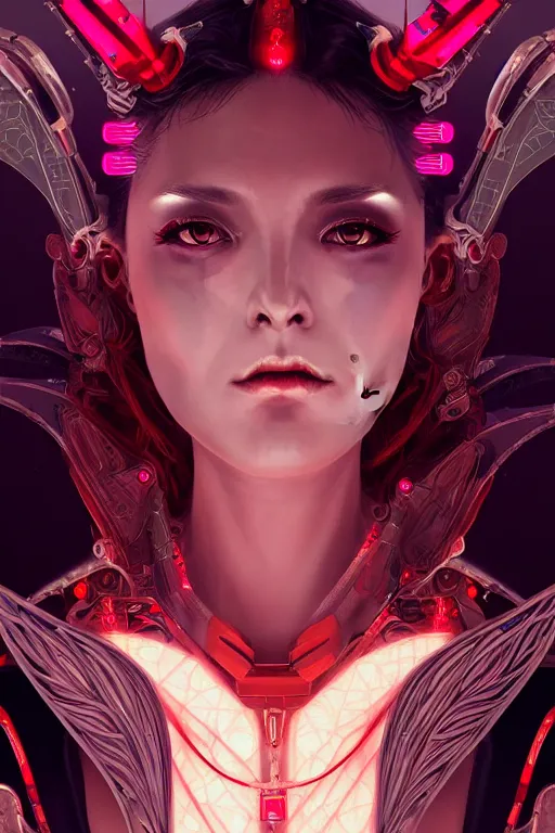 Image similar to portrait futuristic Devil Girl with horns and wings, in future cyberpunk tokyo rooftop , ssci-fi, fantasy, intricate, very very beautiful, elegant, human anatomy, neon light, highly detailed, digital painting, artstation, concept art, smooth, sharp focus, illustration, art by tian zi and WLOP and alphonse mucha