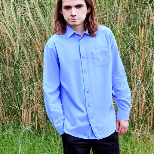 Prompt: long sleeved shirt on teenage boy with long hair