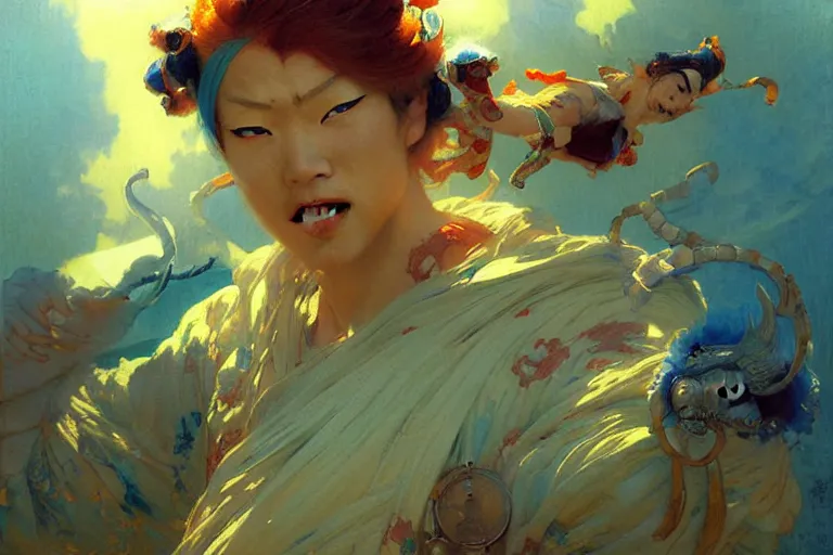 Prompt: beautifully painted yokai, vibrant colors and hard shadows and strong rim light, clear light blue sky, cool white color temperature, painting by gaston bussiere, craig mullins, j. c. leyendecker