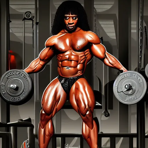 Prompt: Rick james with the physique of a body builder, realistic, detailed, cinematic, dynamic lighting, photorealistic, refined, intricate, digital art, background a gym, masterpiece, 8k