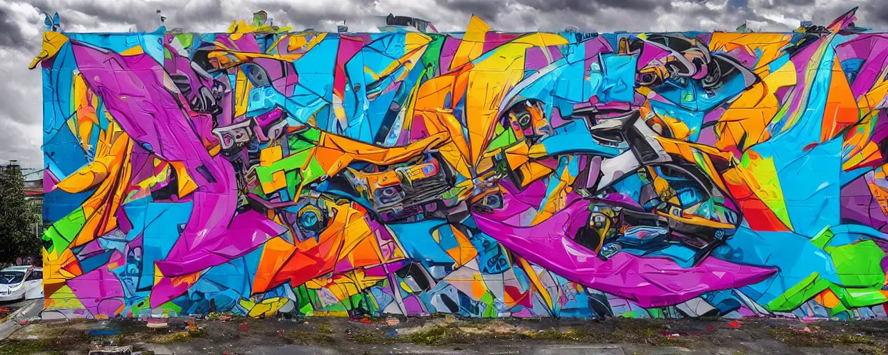 Prompt: a mural by loomit in street art style, graffiti painting, hyperdetailed, colorful, 3 d, perspective, dynamic, plastic, complex, intricate