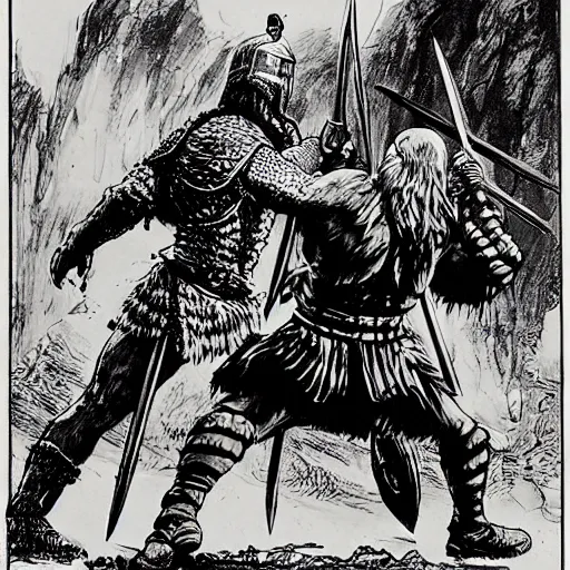 Prompt: viking berserker dueling british knight, hyper detailed black line illustration by Hal Foster