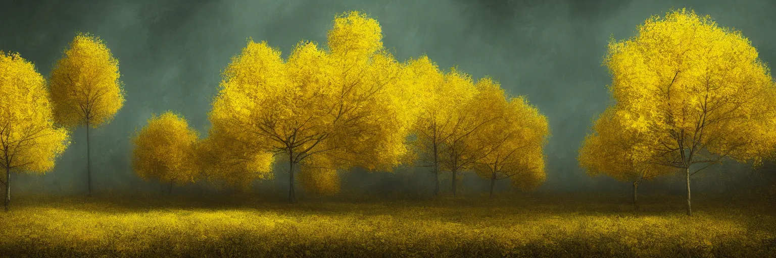 Image similar to michal karcz grunge painting of a beautiful landscape, yellow trees, detailed, elegant, intricate, 4k,