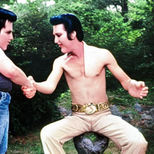 Prompt: elvis and gollum shaking hands