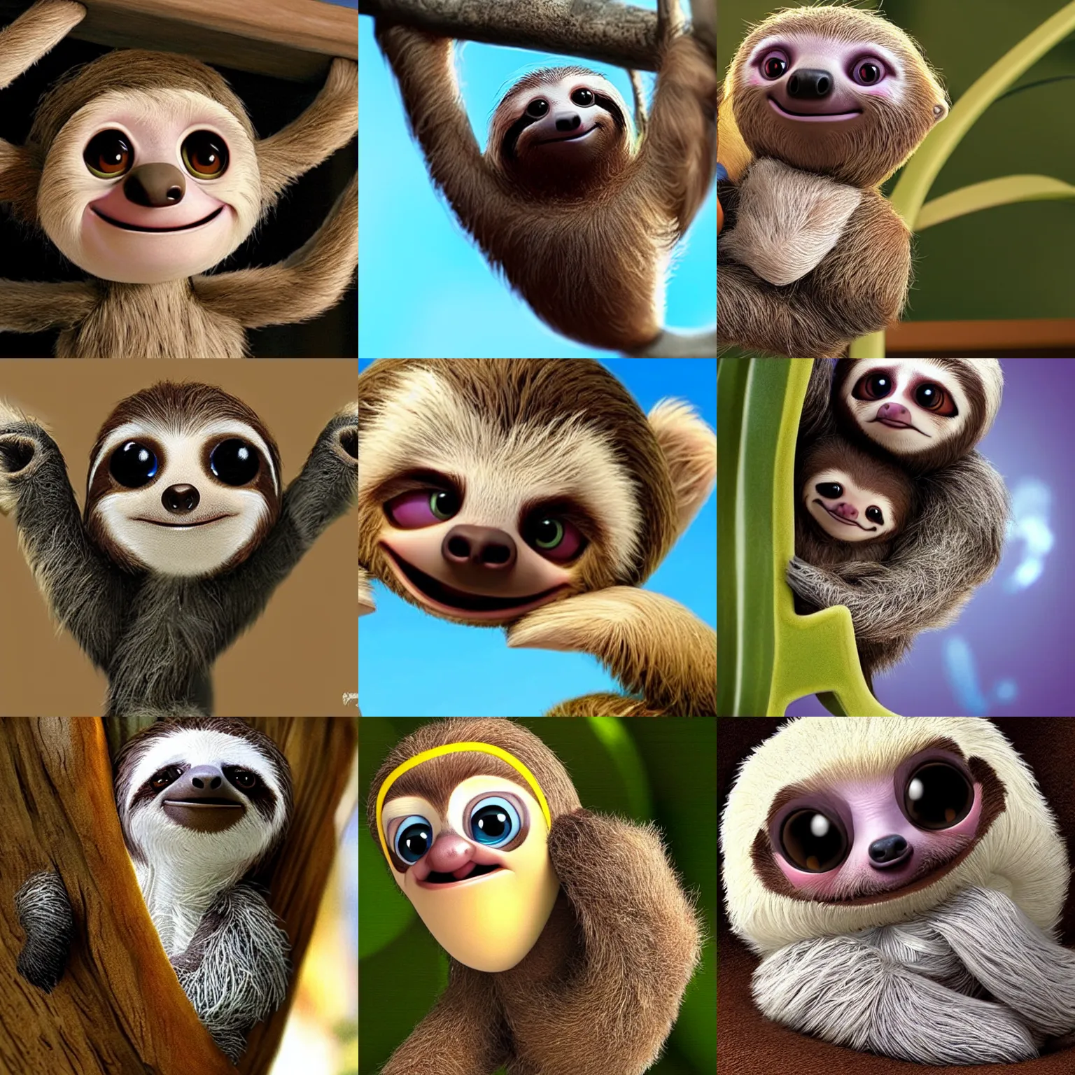 Prompt: finster the baby sloth, pixar movie