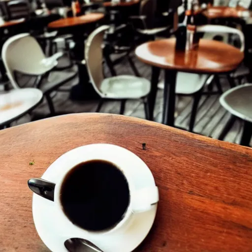 Prompt: a cup of coffee on a table in a Parisian cafe