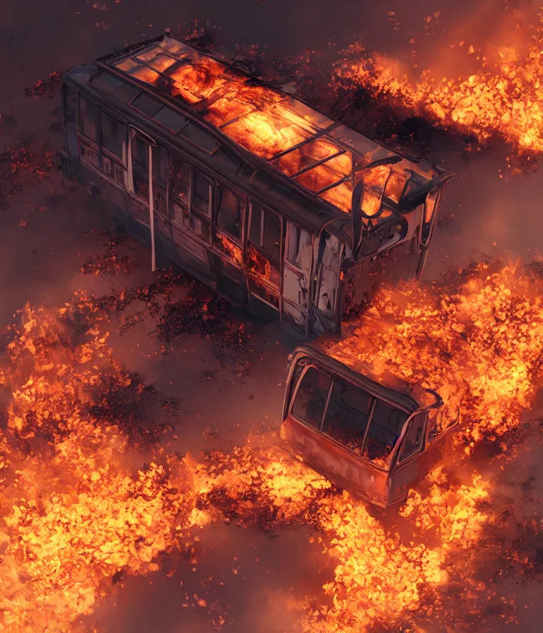 Prompt: a beautiful hyperrealistic detailed 3D render of a burning school bus, by Anton Otto Fischer, Atey Ghailan, genzoman, unreal engine, octane render, gigantic, 3D, brilliantly coloured, intricate, ultra wide angle, trending on artstation, embers, smoke, dust, dusk, volumetric lighting, HDR, polished, micro details, ray tracing, 8k
