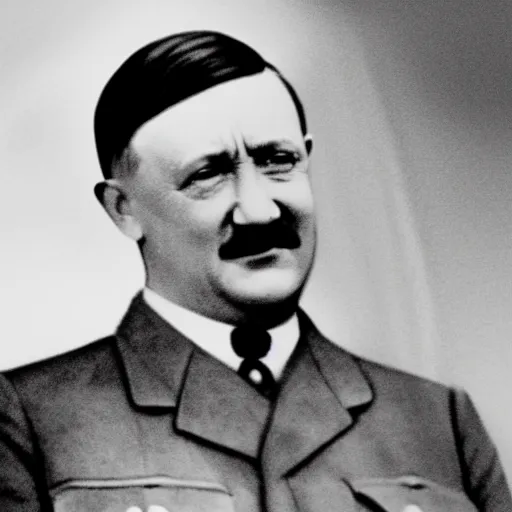 Prompt: high definition photo of Hitler with a creppy smirk pointing up with one finger, 4k