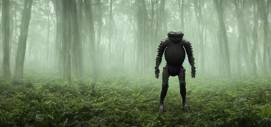 Image similar to a humans perspective of a complex organic fractal 3 d metallic symbiotic ceramic humanoid megastructure creature in a swampy lush forest, foggy, cinematic shot, photo still from movie by denis villeneuve