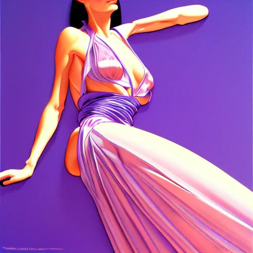 Prompt: woman wearing a light purple silk robe, blue sky, art by peter lloyd, art by peter palombi 1 9 8 0, airbrush style, art by hajime sorayama,, intricate, elegant, sharp focus, illustration, highly detailed, concept art, matte, sharp focus, illustration, highly detailed, concept art, h 6 4 0