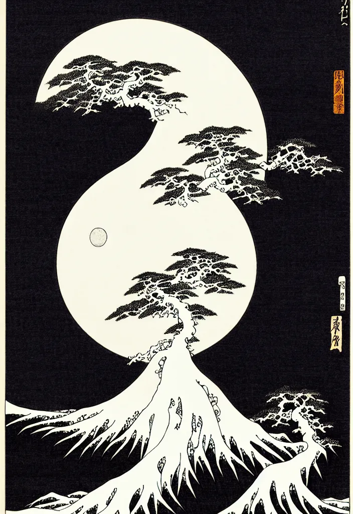 Image similar to prompt: white Bonsai tree holding and merging into big moon drawn by Takato Yamamoto, Japanese woodblock print style of Hokusai, white moon and black background, clean ink detailed line drawing, intricate detail, manga 1990