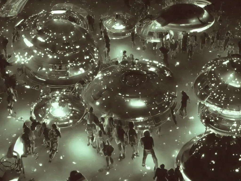 Image similar to a hidden camera shot of aliens having a party inside an ufo, cinematic masterpiece, beautiful lighting