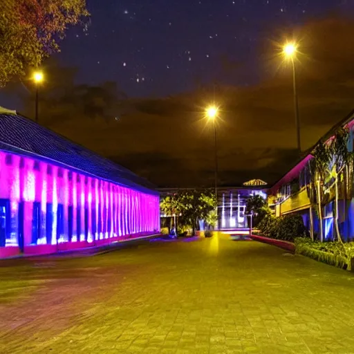 Prompt: Universidad del Quindio with neon lights at night with sky full of stars