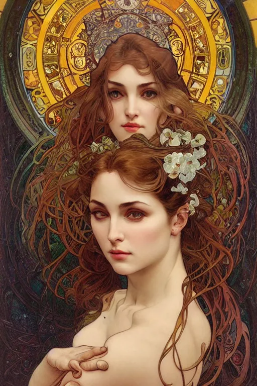 Prompt: Gal gaddot, sensual woman, realistic detailed face portrait of Madonna by Alphonse Mucha, Ayami Kojima, Amano, Charlie Bowater, Karol Bak, Greg Hildebrandt, Jean Delville, and Mark Brooks, Art Nouveau, Neo-Gothic, gothic, rich deep moody colors, full body portrait