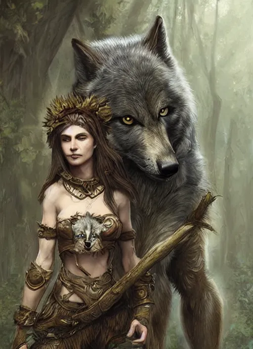 Prompt: digital _ painting _ of _ a female druid with her wolf companion _ by _ filipe _ pagliuso _ and _ justin _ gerard _ symmetric _ fantasy _ highly _ detailed _ realistic _ intricate _ port