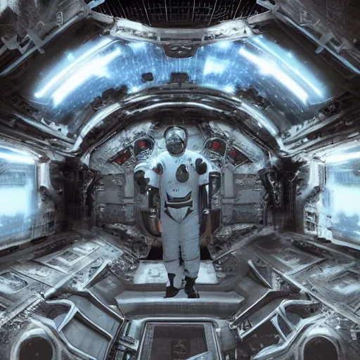 Image similar to concept art by craig mullins astronaut in futuristic dark and empty spaceship underwater. infrared complex and hyperdetailed technical suit. mandelbulb fractal. reflection and dispersion materials. rays and dispersion of light. volumetric light. 5 0 mm, f / 3 2. noise film photo. flash photography. unreal engine 4, octane render. interstellar movie art