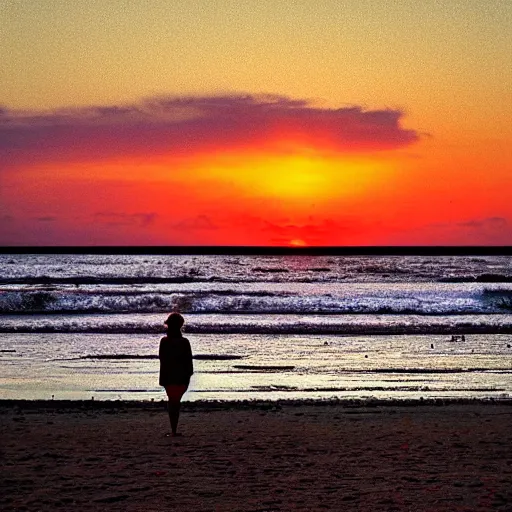 Prompt: woman watching sunset on beach by Chris Sanders