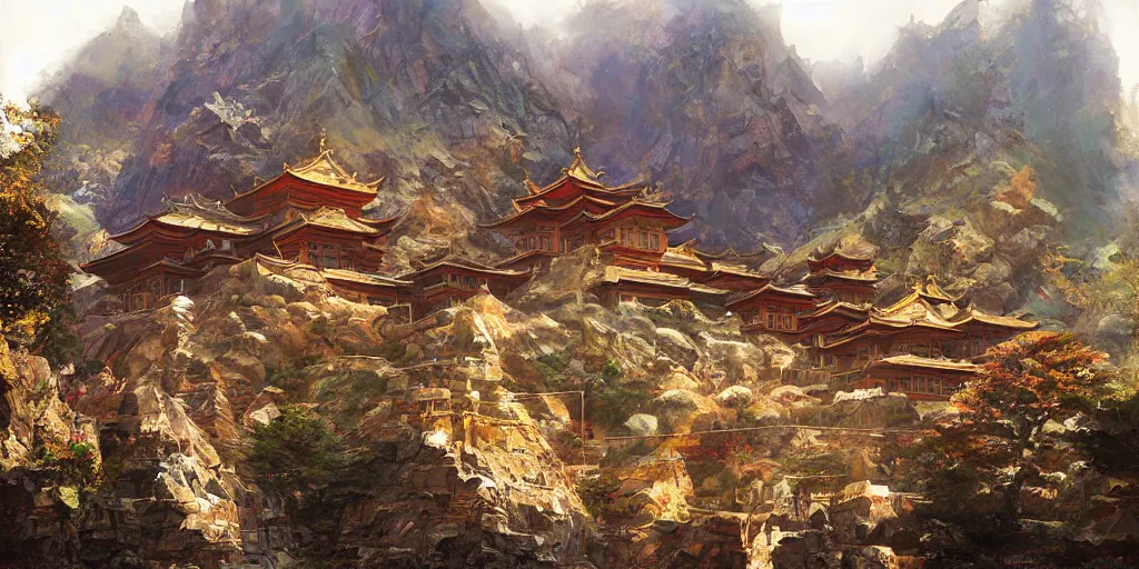 Prompt: Dzogchen Mountain Temple, by Craig Mullins and Marc Simonetti and Hiroshi Yoshida