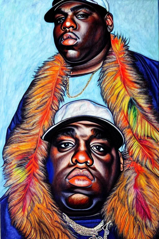 Image similar to full body!! a portrait of biggie smalls aka notorious b. i. g. wearing boho - chic style clothes, with a fur muffler and feathers, realistic painting in egon schiele style, masterpiece, hyperdetailed, complex, intricate, 4 k, hyperrealistic, trending on artstation