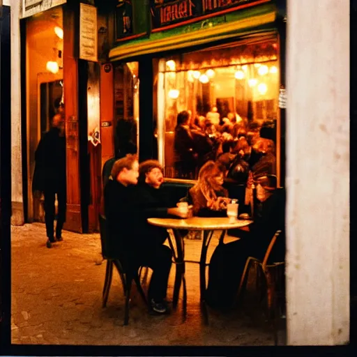 Image similar to people at a cafe at night, paris, 8 mm, photographed by nan goldin