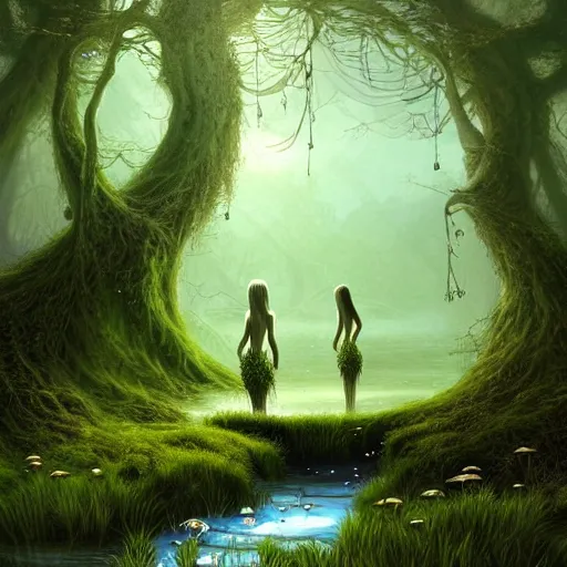 Prompt: beautiful digital fantasy illustration of A woody green field with a stream running through it, with a group of dryad women standing in the water. They seem to be preparing to submerge themselves in the cool, clear waters of the stream. a creepy creature standing in front of a mirror!, concept art by Alex Horley-Orlandelli!!, cgsociety contest winner!!!, gothic art,!!!!, cgsociety, fantasy art, highly detailed, soft lighting, rendered in octane, masterpiece, very very very aesthetic