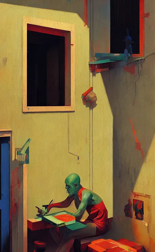 Image similar to Inside a Favela, very coherent, painted by Edward Hopper, Wayne Barlowe, painted by James Gilleard, airbrush, art by JamesJean