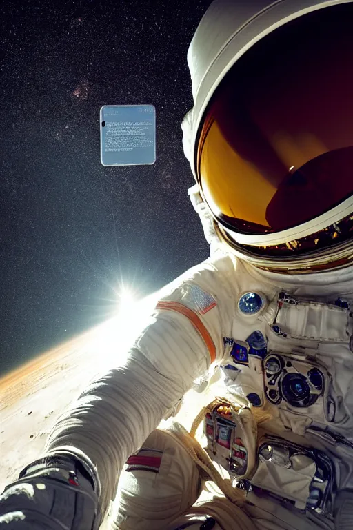 Prompt: historical portrait of space astronaut taking a selfie, holds a smart phone in one hand, phone!! held up to visor, reflection of phone in visor, moon, extreme close shot, soft light, golden glow, award winning photo by michal karcz and yoshitaka amano