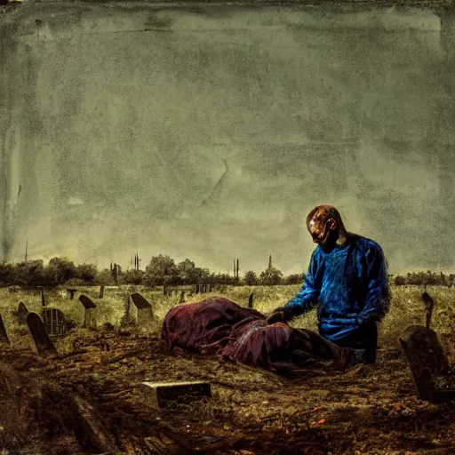 Image similar to one man in a cemetery digging up a dead body, by nicola samori, painting, 8 k, high detail, blue, orange, and dark green tones, high quality, sad feeling, high detail, dark colors, sinister atmosphere, dramatic lighting, cinematic, establishing shot, extremely high detail, photo realistic, cinematic lighting, album cover