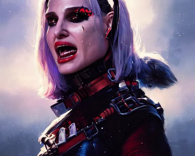 Image similar to highly detailed portrait of natalie portman as harley quinn, in batman : arkham knight, stephen bliss, unreal engine, fantasy art by greg rutkowski, loish, rhads, ferdinand knab, makoto shinkai and lois van baarle, ilya kuvshinov, rossdraws, tom bagshaw, global illumination, radiant light, detailed and intricate environment