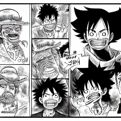 Image similar to [ luffy mustache ] ( by kim jung gi ) ( by george morikawa ) ( by kentaro miura ) ( by eiichiro oda )