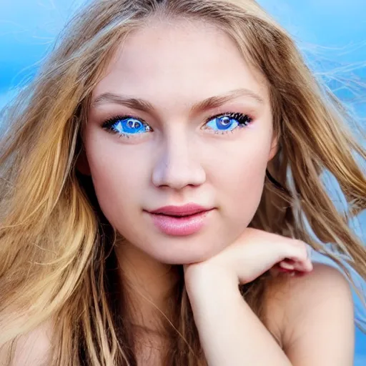 Image similar to a very beautiful russian tennis girl, full body and face, long wavy blond hair, sky blue eyes, full round face, short smile, bikini, miniskirt, highly detailed, photograph