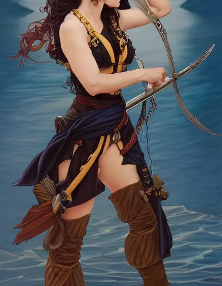 Image similar to fully clothed armed female pirate captain with a male deckhand partner, sun, summer, blue eyes, beauty, wisdom, love, strength, knowledge, smart, portrait, symmetrical, highly detailed, digital painting, artstation, smooth, sharp focus, illustration, strength, art by artgerm and alphonse mucha and louis theophile hingre. 8 k