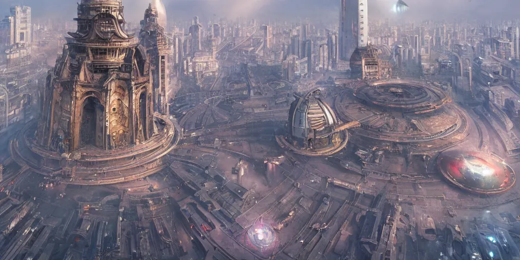 Prompt: a giant alien ufo high tech spaceship eerily hovering on ancient shanghai city landscape with beautiful temples by greg rutkowski, artgerm, ross tran, magali villeneuve, intricate, time travel theme, audince in awe, spectacle, audience sorrounding, award winning, octane render, masterpiece, 8 k, beautiful