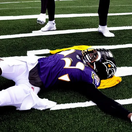Prompt: edgar allen poe wearing a baltimore ravens jersey. tj watt laying on the ground. award winning photograph. sports photo.